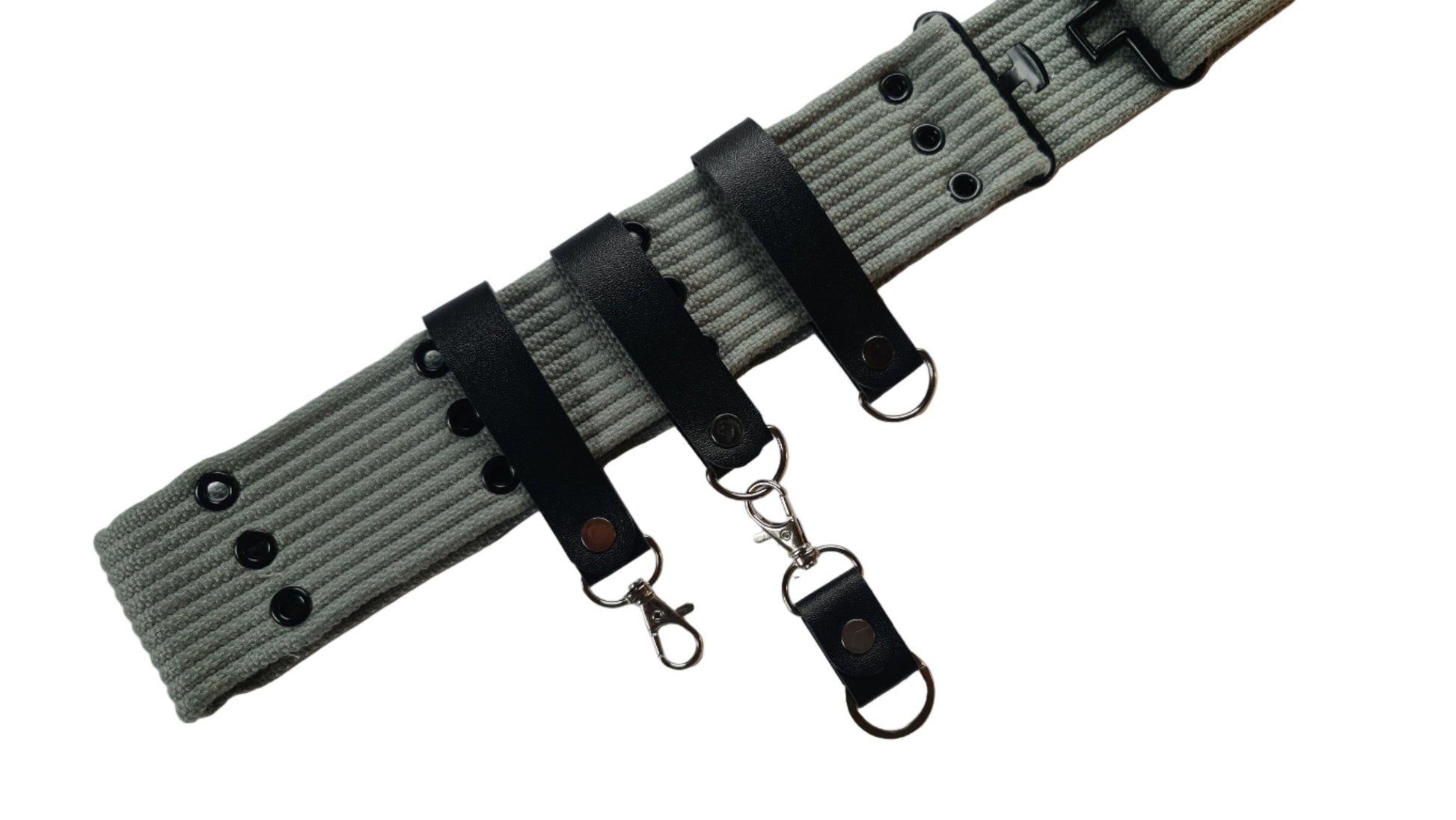 Gray belt with black straps and buckles on a white background